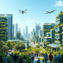 a futuristic city showing innovative green technologies and AI-driven sustainability solutions