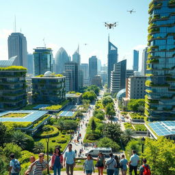 a futuristic city showing innovative green technologies and AI-driven sustainability solutions