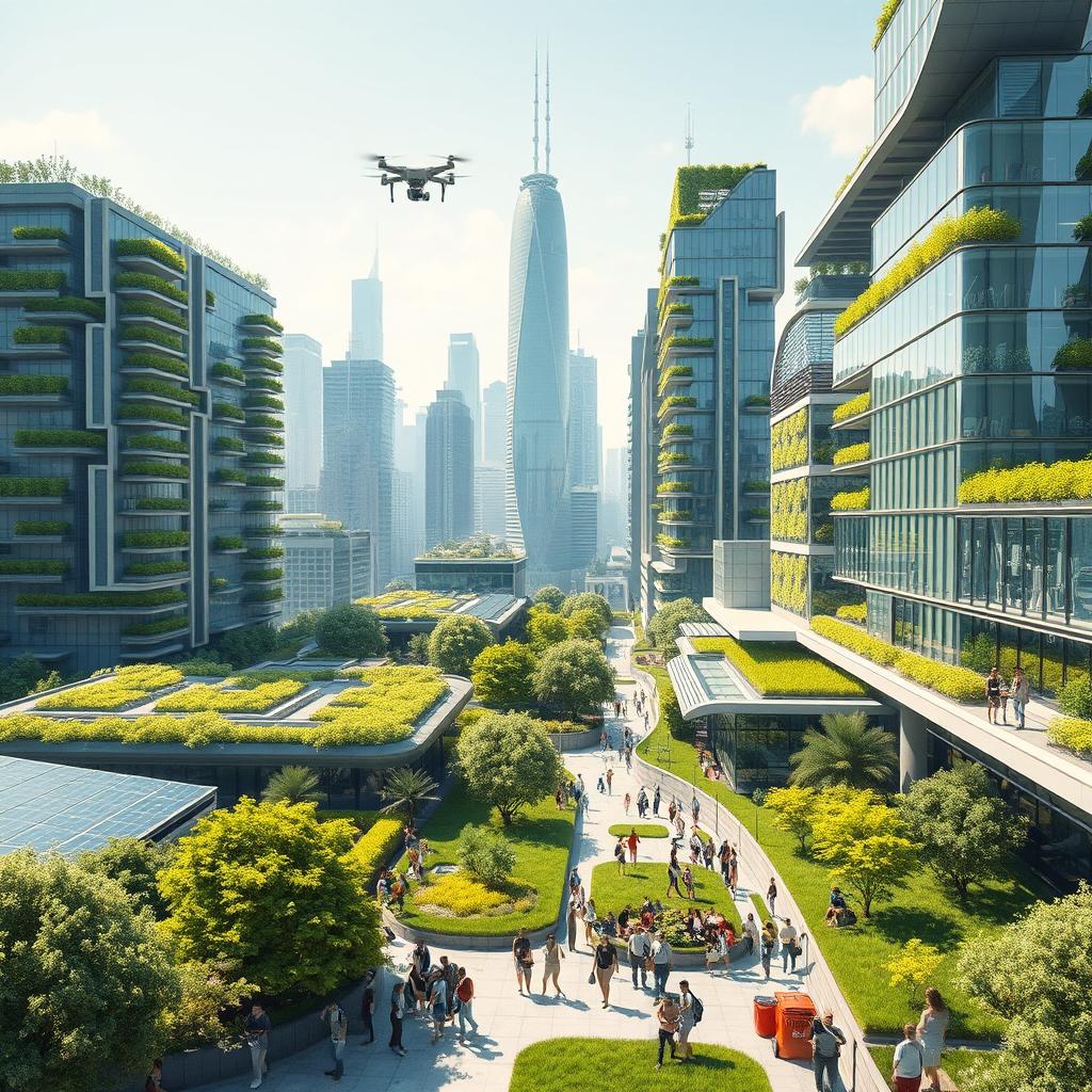 a futuristic city showing innovative green technologies and AI-driven sustainability solutions