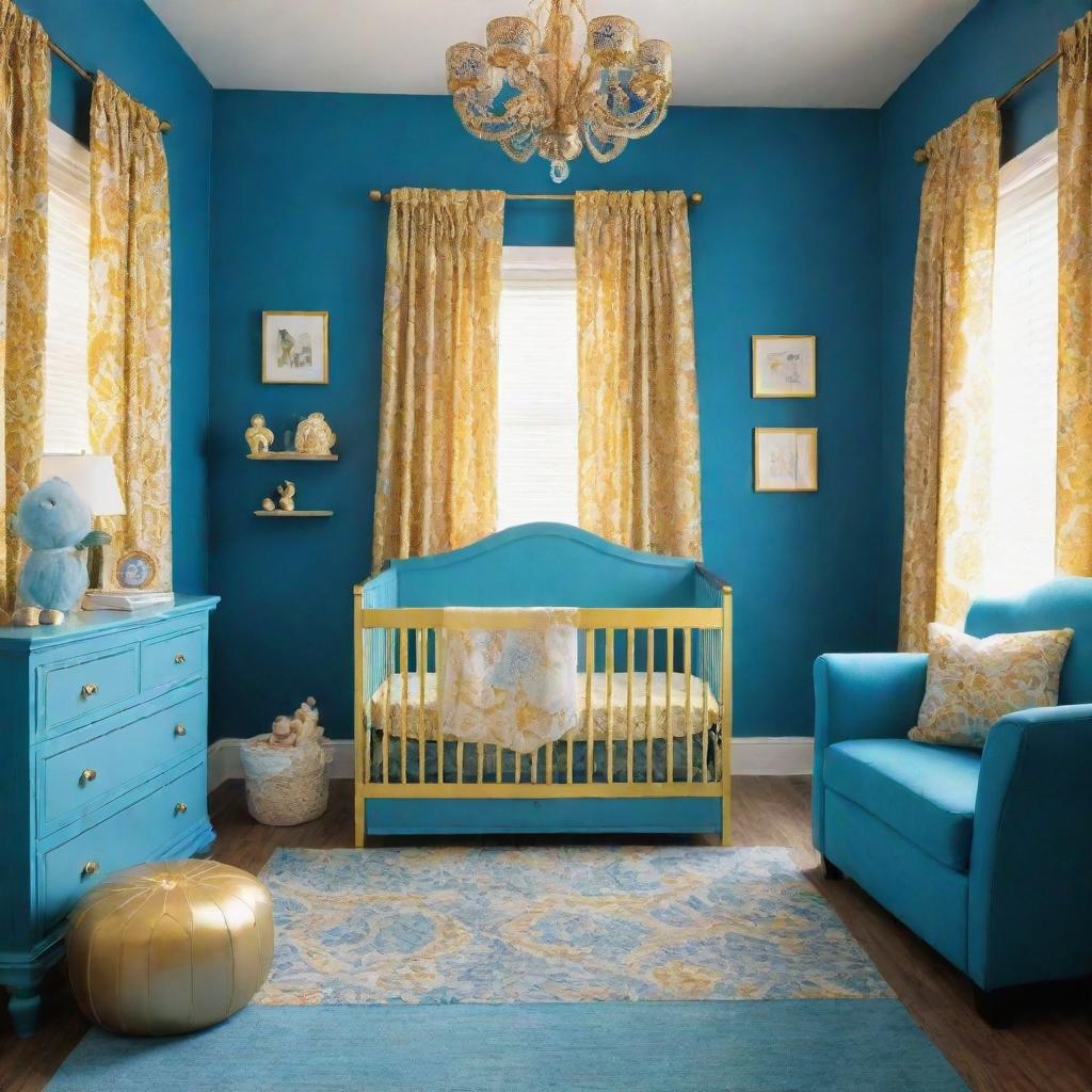 A vibrantly enhanced version of the baby nursery, adorned in bright azure blue and brilliant gold. The room is punctuated by a myriad of other cheerful hues, creating an environment that's delightfully jovial and stimulating for a baby.