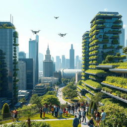 a futuristic city showing innovative green technologies and AI-driven sustainability solutions