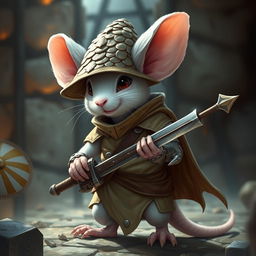 A cheerful and slender humanoid white mouse character in a light leather armor, adorned with a charismatic dragon scale hunter hat