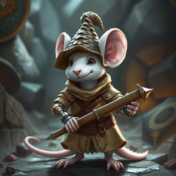 A cheerful and slender humanoid white mouse character in a light leather armor, adorned with a charismatic dragon scale hunter hat