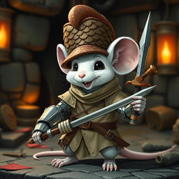 A cheerful and slender humanoid white mouse character in a light leather armor, adorned with a charismatic dragon scale hunter hat