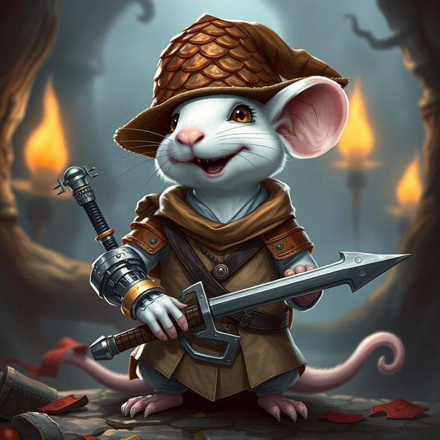 A cheerful and slender humanoid white mouse character in a light leather armor, adorned with a charismatic dragon scale hunter hat