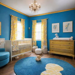 A vibrantly enhanced version of the baby nursery, adorned in bright azure blue and brilliant gold. The room is punctuated by a myriad of other cheerful hues, creating an environment that's delightfully jovial and stimulating for a baby.