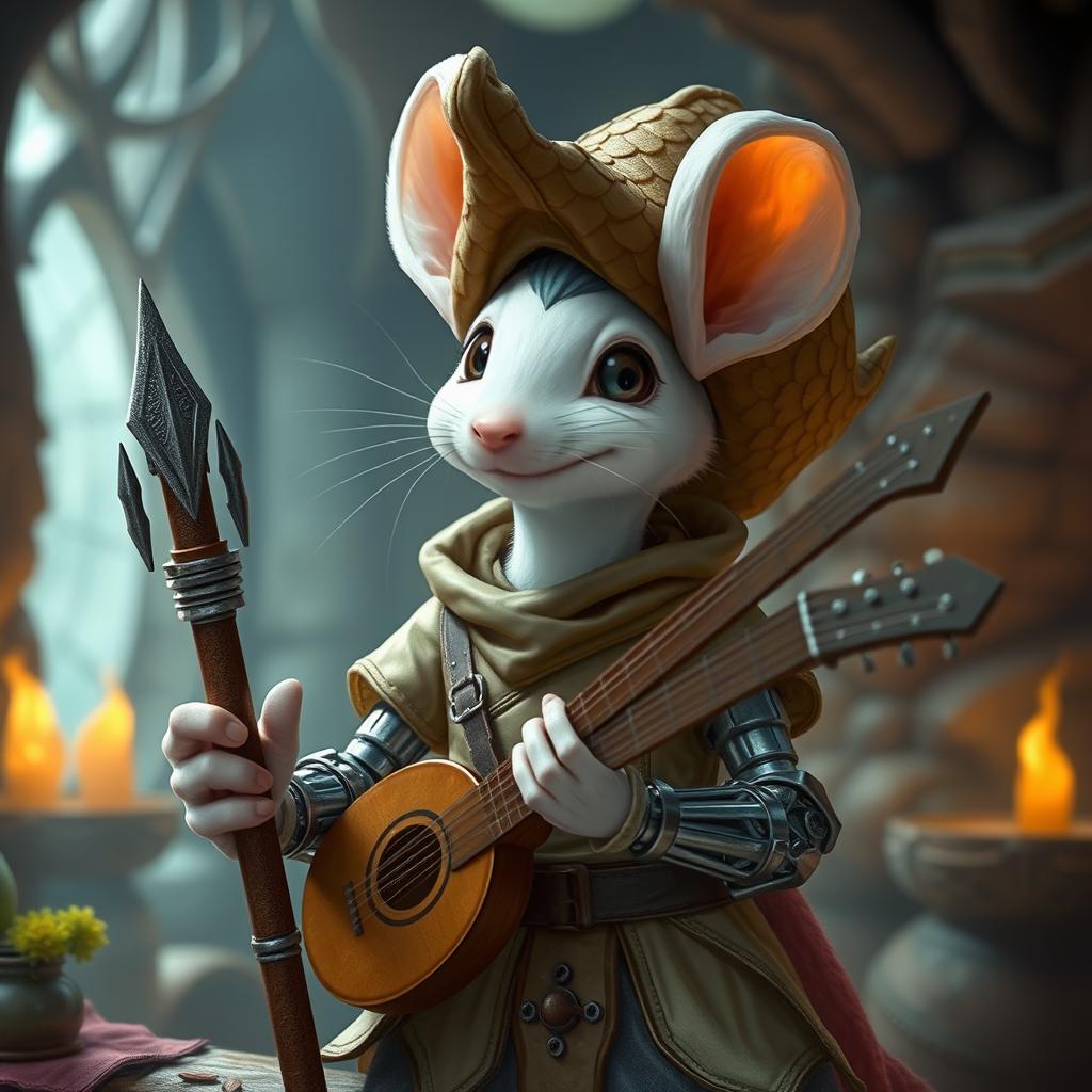 A cheerful and slender humanoid white mouse character in a light leather armor, donning a charismatic dragon scale hunter hat