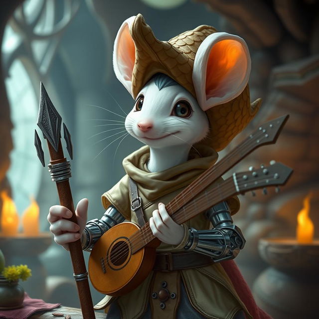 A cheerful and slender humanoid white mouse character in a light leather armor, donning a charismatic dragon scale hunter hat