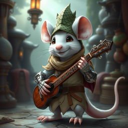 A cheerful and slender humanoid white mouse character in a light leather armor, donning a charismatic dragon scale hunter hat