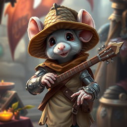 A cheerful and slender humanoid white mouse character in a light leather armor, donning a charismatic dragon scale hunter hat