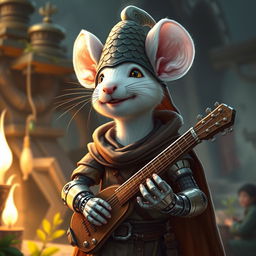 A cheerful and slender humanoid white mouse character in a light leather armor, donning a charismatic dragon scale hunter hat