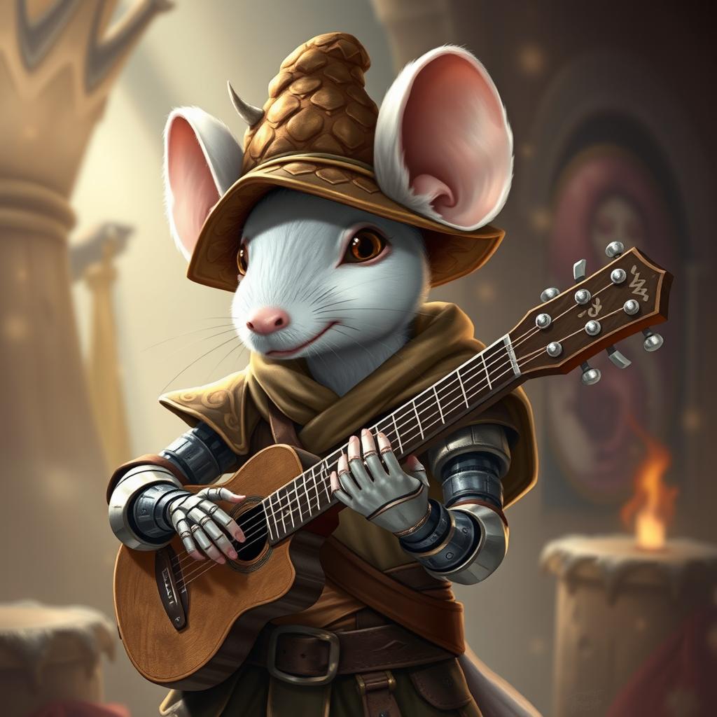 A cool and slender humanoid white mouse character in a light leather armor, wearing a charismatic dragon scale hunter hat