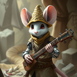 A cool and slender humanoid white mouse character in a light leather armor, wearing a charismatic dragon scale hunter hat