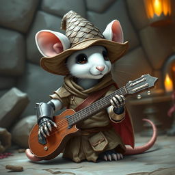 A cool and slender humanoid white mouse character in a light leather armor, wearing a charismatic dragon scale hunter hat