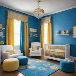 A vibrantly enhanced version of the baby nursery, adorned in bright azure blue and brilliant gold. The room is punctuated by a myriad of other cheerful hues, creating an environment that's delightfully jovial and stimulating for a baby.