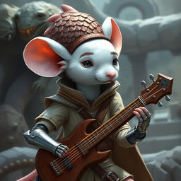 A cool and slender humanoid white mouse character in a light leather armor, wearing a charismatic dragon scale hunter hat