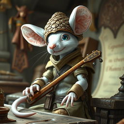 A cool and slender humanoid white mouse character in a light leather armor, wearing a charismatic dragon scale hunter hat