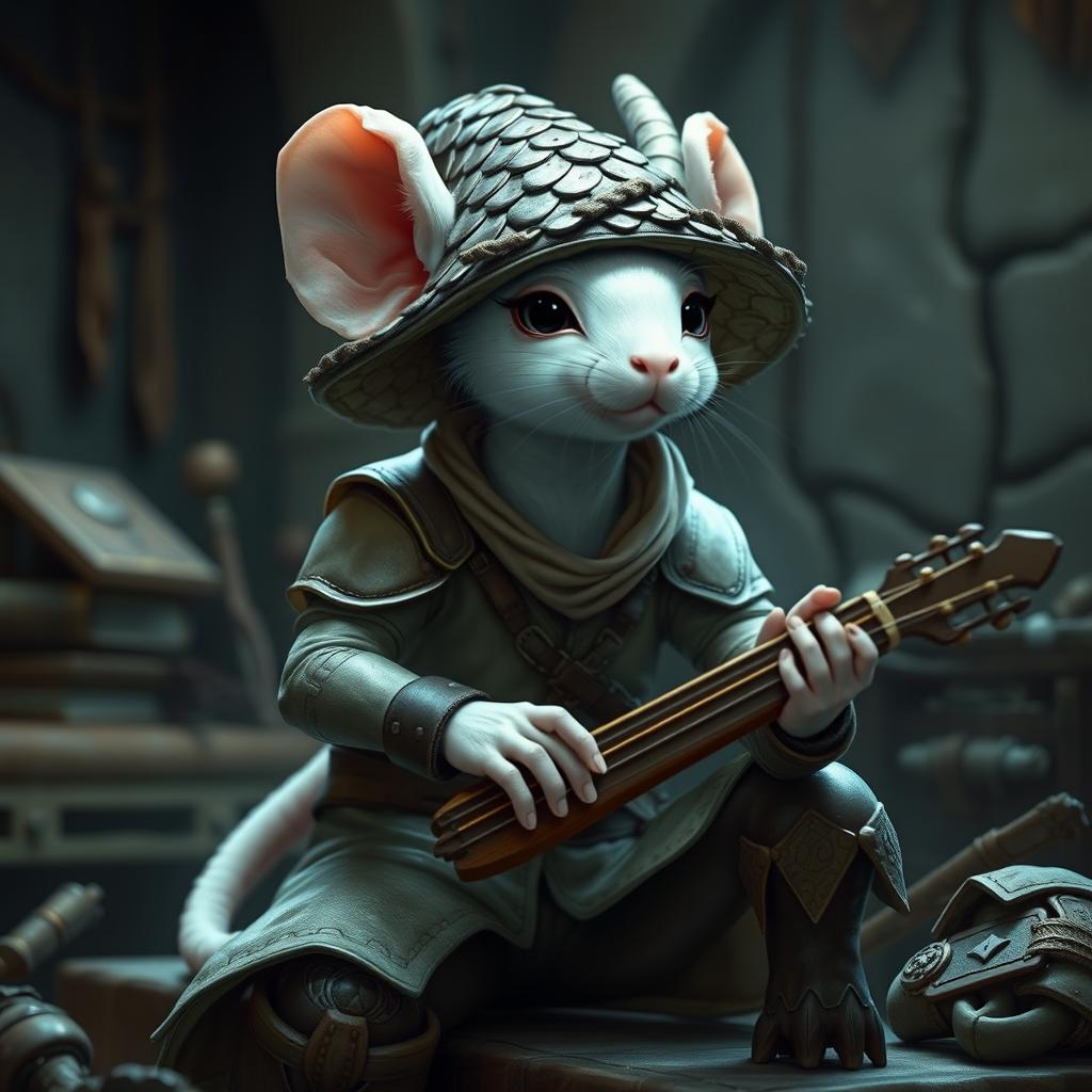 A cool and slender humanoid white mouse character in a light leather armor, wearing a charismatic dragon scale hunter hat