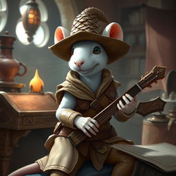 A cool and slender humanoid white mouse character in a light leather armor, wearing a charismatic dragon scale hunter hat