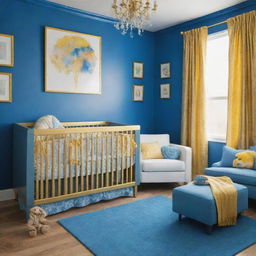 A vibrantly enhanced version of the baby nursery, adorned in bright azure blue and brilliant gold. The room is punctuated by a myriad of other cheerful hues, creating an environment that's delightfully jovial and stimulating for a baby.