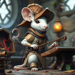 A cool and slender humanoid white mouse character in a light leather armor, wearing a charismatic dragon scale hunter hat