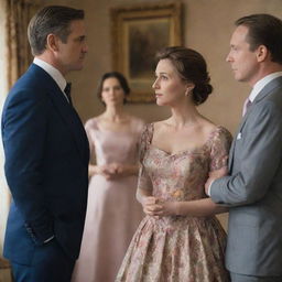 A conflicted woman in a beautiful dress, glancing longingly at a picture of a man, while another man, presumably her husband, exists in the backdrop of their shared home.