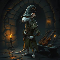 A mysterious humanoid rat character, slender and white-haired, dressed in light leather armor