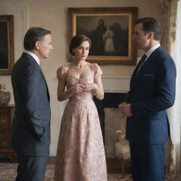 A conflicted woman in a beautiful dress, glancing longingly at a picture of a man, while another man, presumably her husband, exists in the backdrop of their shared home.