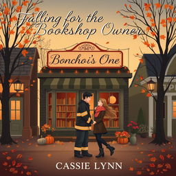 A cozy small town scene with a charming bookshop as the focal point