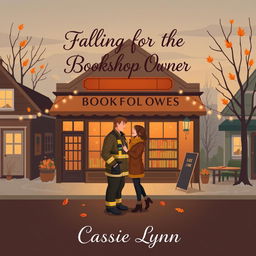 A cozy small town scene with a charming bookshop as the focal point