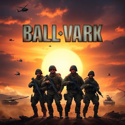 A dramatic military movie poster featuring a squad of four soldiers heroically standing in a rugged battlefield at dawn