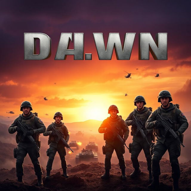 A dramatic military movie poster featuring a squad of four soldiers heroically standing in a rugged battlefield at dawn