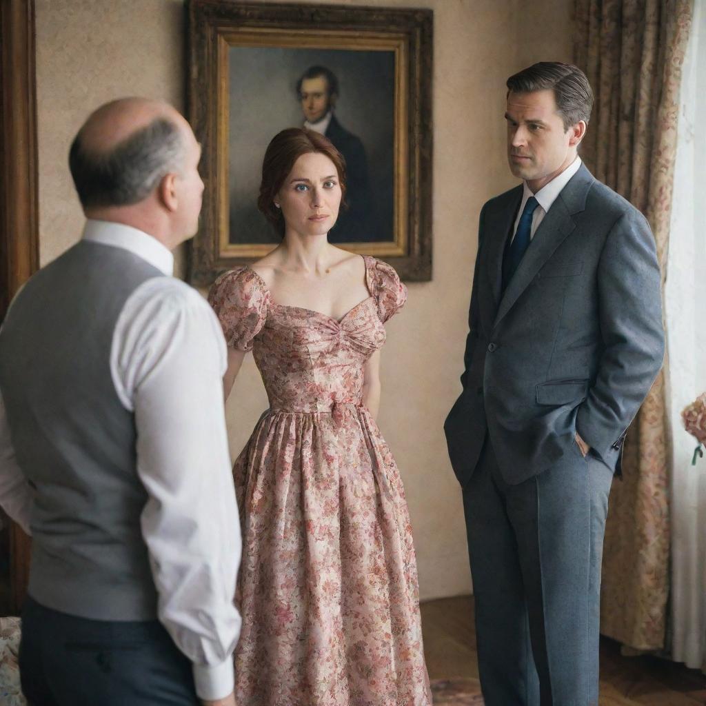 A conflicted woman in a beautiful dress, glancing longingly at a picture of a man, while another man, presumably her husband, exists in the backdrop of their shared home.