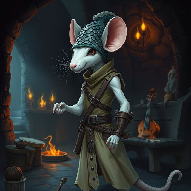 A slender, edgy humanoid rat character with a stark white color, dressed in light leather armor