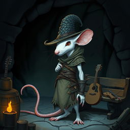 A slender, edgy humanoid rat character with a stark white color, dressed in light leather armor