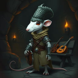 A slender, edgy humanoid rat character with a stark white color, dressed in light leather armor