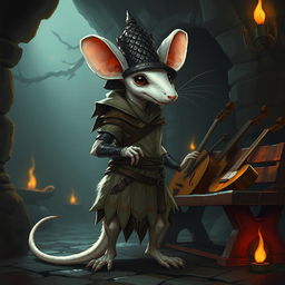 A slender, edgy humanoid rat character with a stark white color, dressed in light leather armor