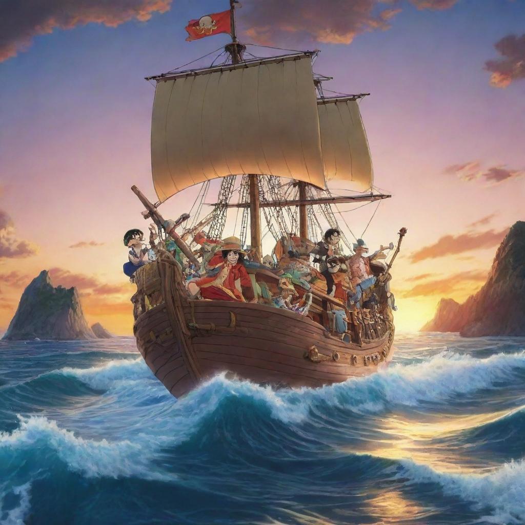 An epic scene from the anime One Piece with protagonist Monkey D. Luffy and his crew sailing into the sunset on their ship, the Going Merry.