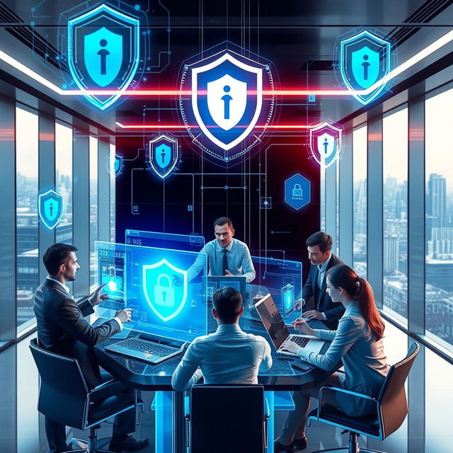 A futuristic and dynamic digital representation of cyber security in business management, illustrating a high-tech office environment with holographic displays and digital interfaces