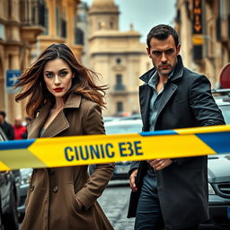 A suspenseful scene set in a Maltese city features a dynamic duo of detectives - a composed female detective with flowing hair and sharp eyes, alongside a determined male detective with a confident stance