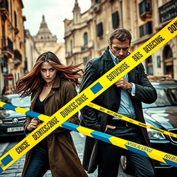 A suspenseful scene set in a Maltese city features a dynamic duo of detectives - a composed female detective with flowing hair and sharp eyes, alongside a determined male detective with a confident stance