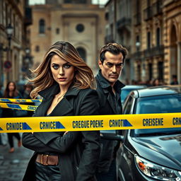 A suspenseful scene set in a Maltese city features a dynamic duo of detectives - a composed female detective with flowing hair and sharp eyes, alongside a determined male detective with a confident stance