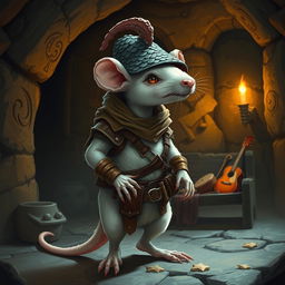 A cool humanoid rat character, slender and white-furred, dressed in light leather armor, adding a touch of rugged charm