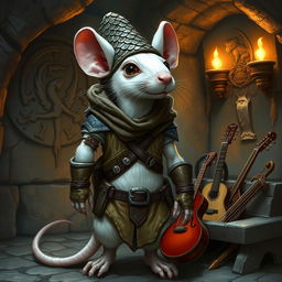 A cool humanoid rat character, slender and white-furred, dressed in light leather armor, adding a touch of rugged charm