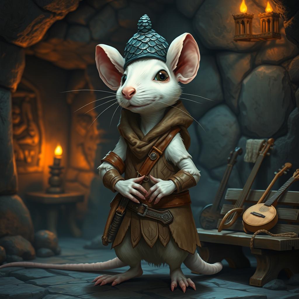 A cool humanoid rat character, slender and white-furred, dressed in light leather armor, adding a touch of rugged charm