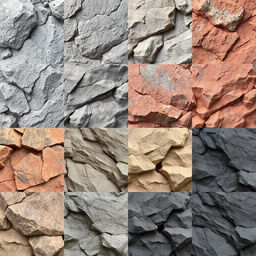 A variety of detailed rock textures, showcasing different types of rock surfaces including smooth stones, jagged rocks, and weathered boulders