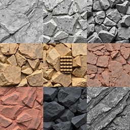 A variety of detailed rock textures, showcasing different types of rock surfaces including smooth stones, jagged rocks, and weathered boulders