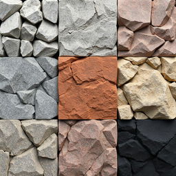 A variety of detailed rock textures, showcasing different types of rock surfaces including smooth stones, jagged rocks, and weathered boulders