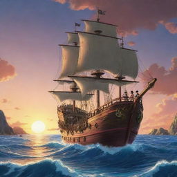 An epic scene from the anime One Piece with protagonist Monkey D. Luffy and his crew sailing into the sunset on their ship, the Going Merry.