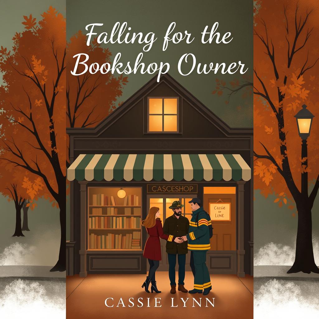 A cozy digital art book cover depicting the facade of a charming small-town bookshop in autumn